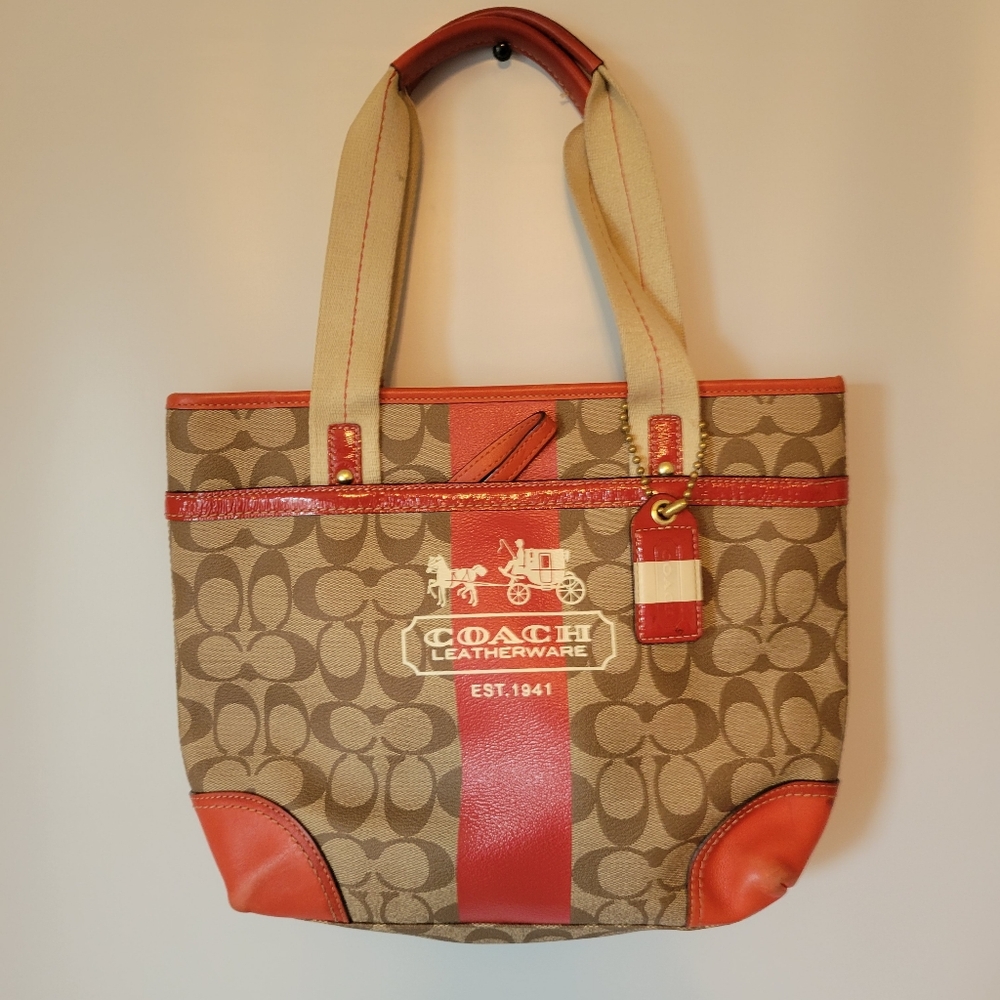 Coach Signature Canvas Tote Bag - Red and Tan